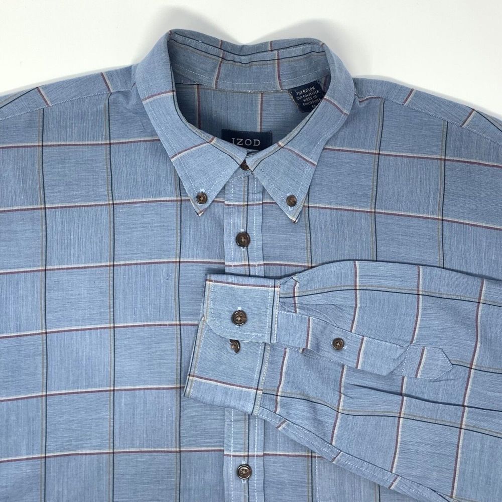 IZOD Blue Large Check Polyester Rayon Blend Men's Long‎ Sleeve Shirt Size Medium